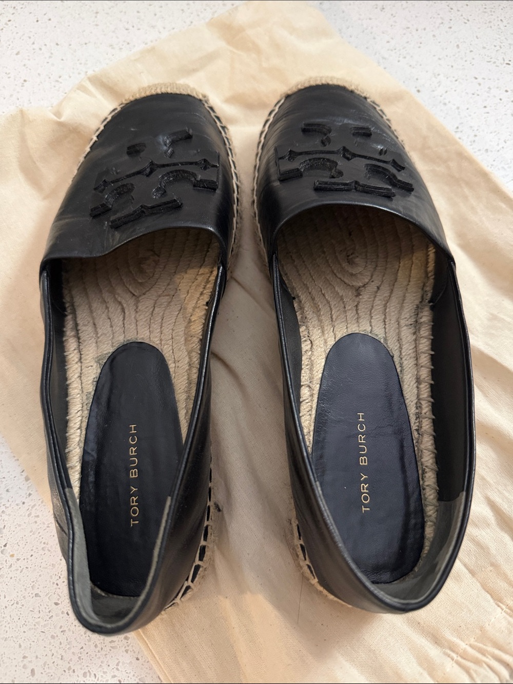 Tory Burch Black Leather Logo Espadrille Loafers with Natural Jute Trim - Picture 3 of 4